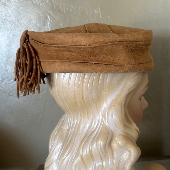 MOD 1960s\' TAN SUEDE HAT WITH BACK BUTTONS AND TASSELS main image 6
